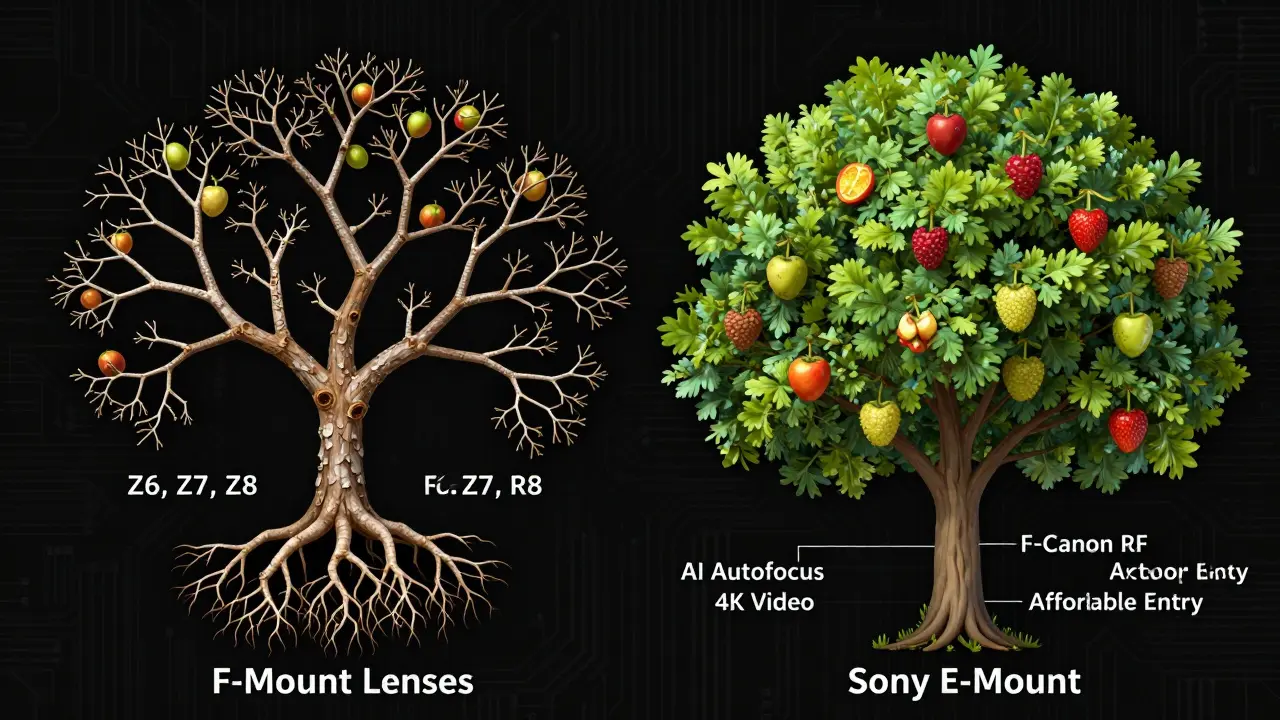 Verwelkter Nikon-Zweig im Vergleich zu blühenden Canon- und Sony-Bäumen mit technischen Funktionen als Früchte.