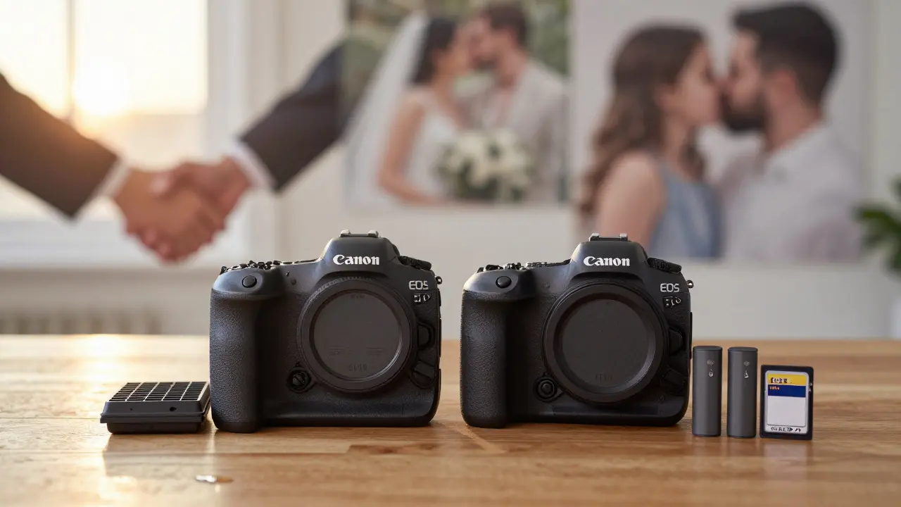 Zwei Canon-Kameras mit Zubehör auf einem Tisch, umgeben von verschwommenen Hochzeitsmomenten und einer einzelnen Träne.