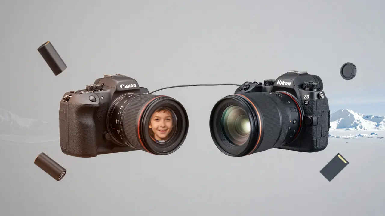 Zwei Kameras nebeneinander: Canon mit warmen Hauttönen, Nikon mit kühler Landschaft, verbunden durch ein Objektiv.