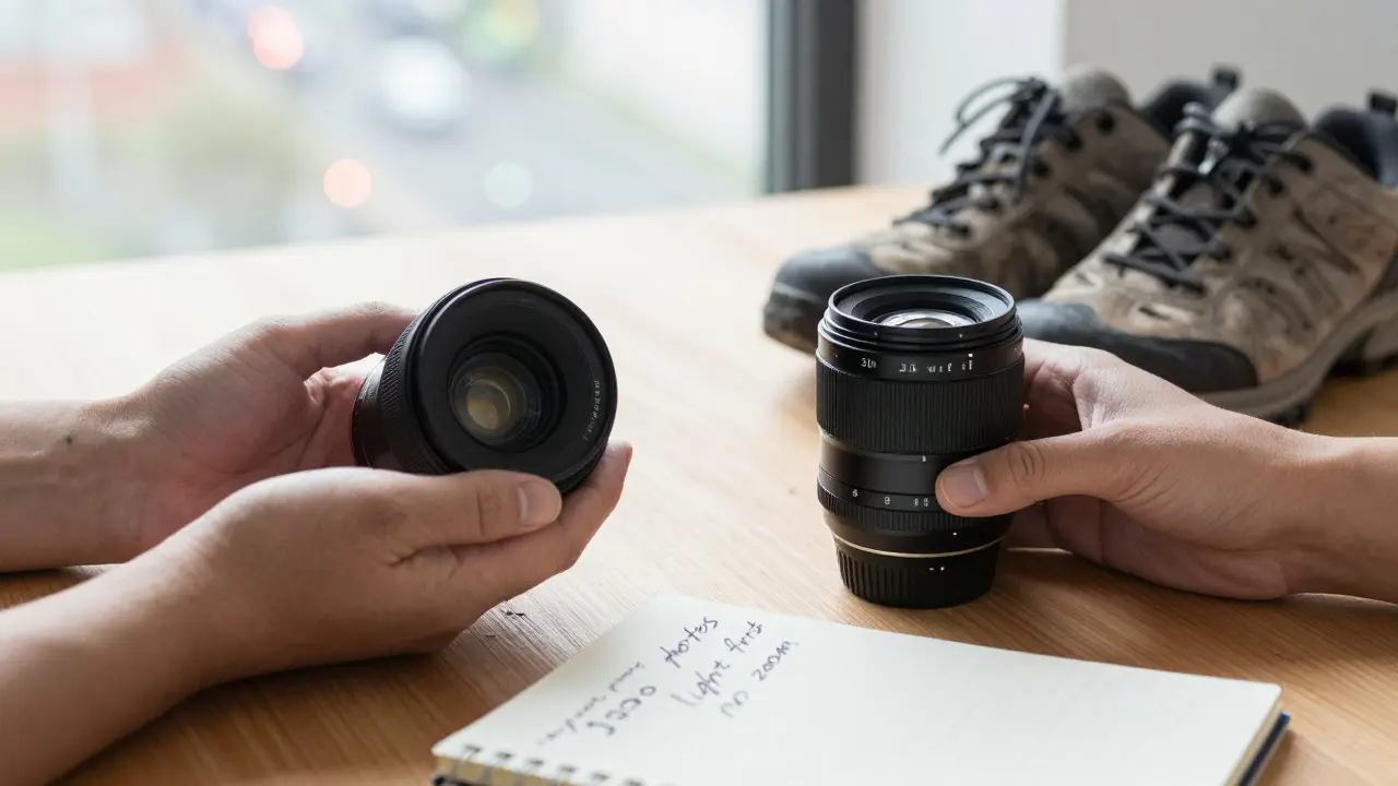 Zwei Objektive auf einem Tisch neben Schuhen und Notizen – Symbol für den Wechsel von Ausrüstung zu Kreativität.