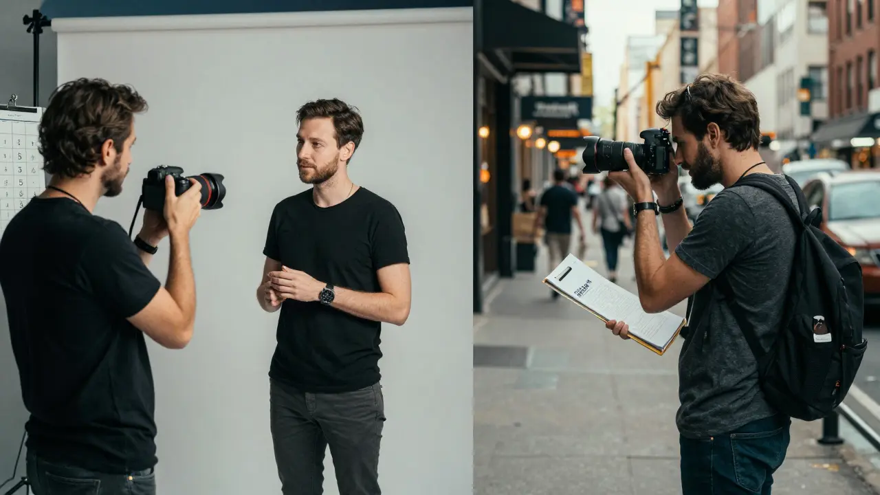 Bürofotograf mit Vorgesetztem und Freelancer in Stadt