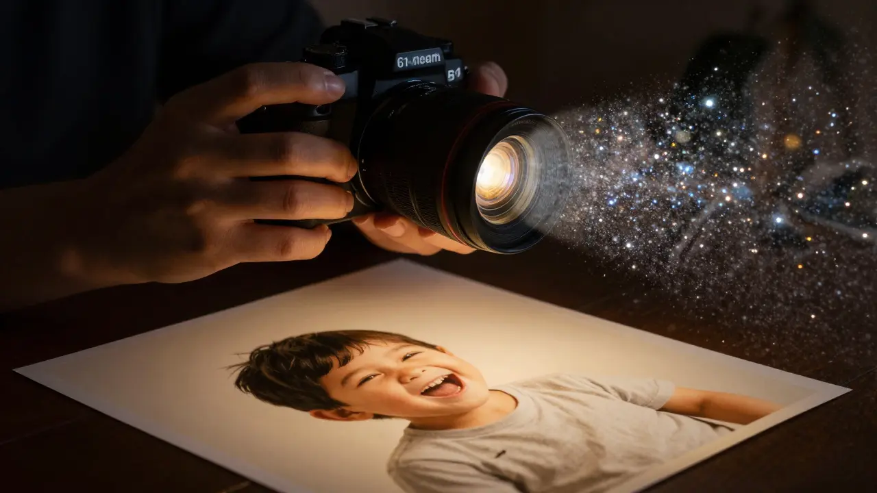 Ein Fotograf hält eine hochauflösende Kamera, deren Bild in digitales Rauschen zerfällt, während ein klarer 24-Megapixel-Ausdruck golden leuchtet.