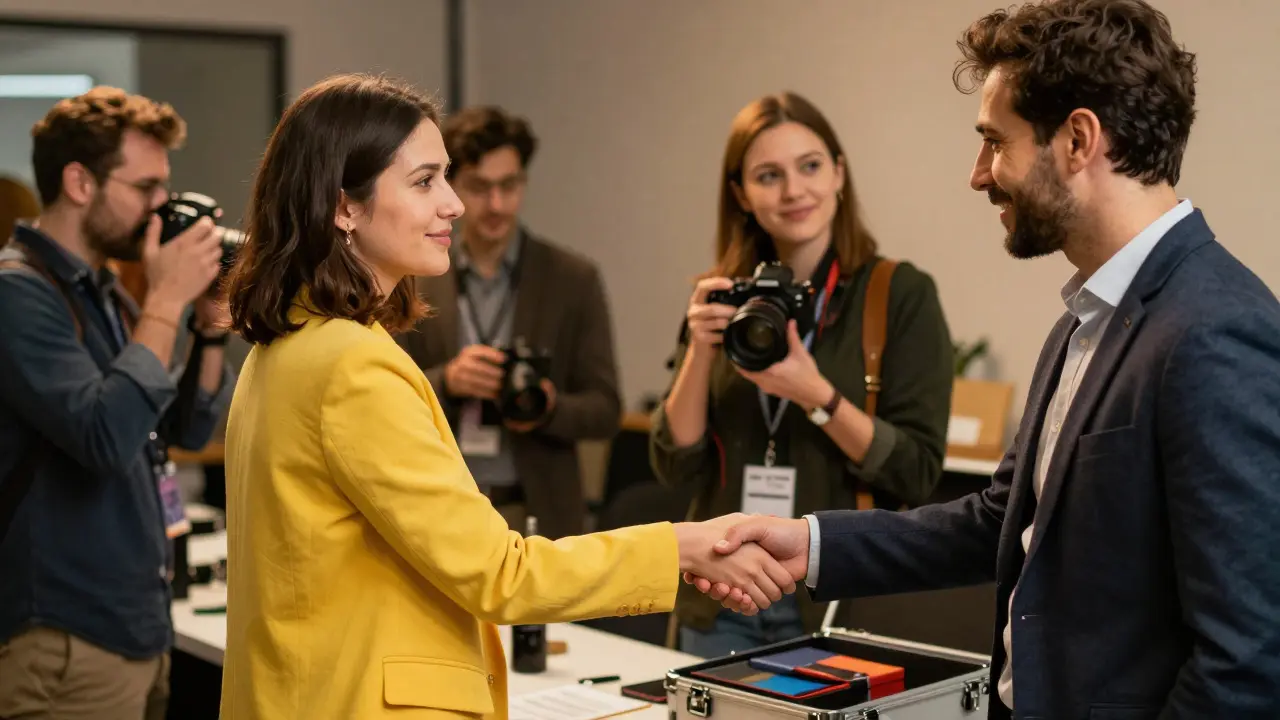 Fotograf bei Networking-Event mit Handshake und Portfolio